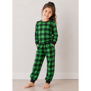 SWOMOG Pajama Set Kids‎ 130 Green Black Buffalo Plaid Long Sleeve Joggers NEW